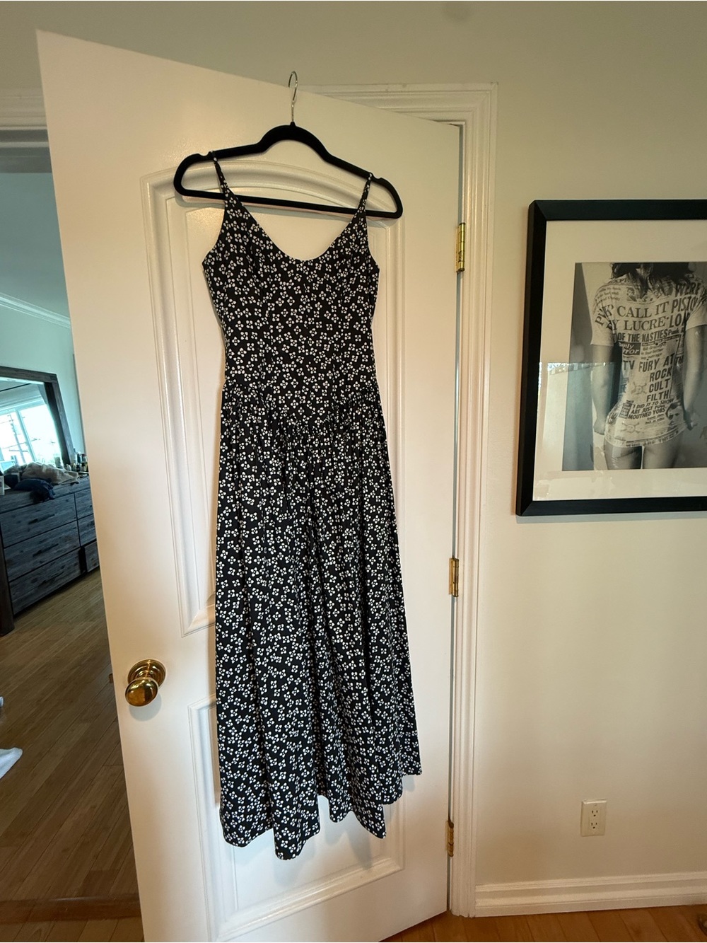 STAUD Black and White Floral Spaghetti-Strap Dress